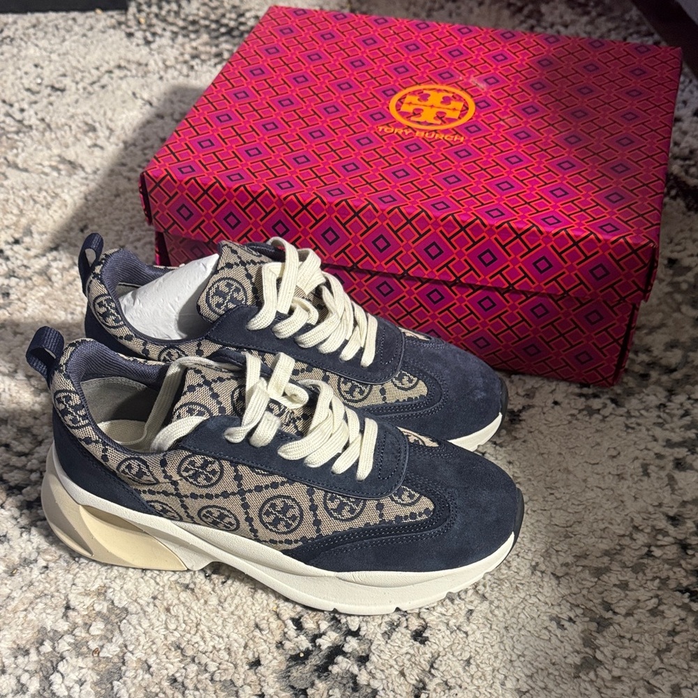 Tory Burch Navy and Beige Patterned Sneakers